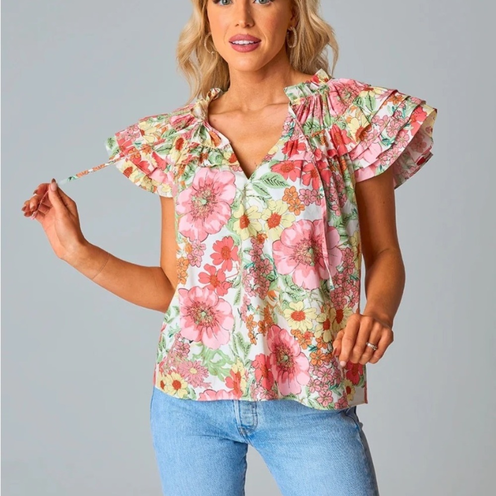 Buddy Love Floral Ruffle Sleeve Blouse - Pink, Green, Yellow Size XS 100%Cotton